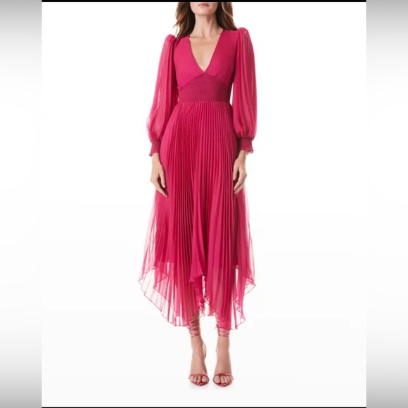 NWT Alice + Olivia Sion raspberry crinkle chiffon midi dress Size 8 - Picture 1 of 6